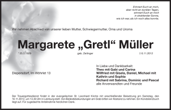 Traueranzeige von Margarete Müller von Pegnitz-Zeitung
